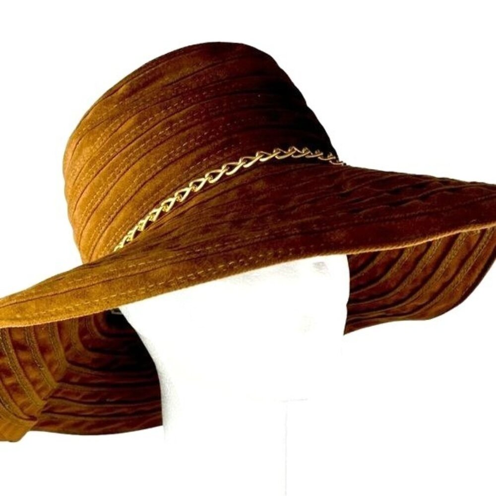 1970s Boho Wide Brim Brown Velour Sun Hat Gold Chain Band Vintage Union Made
